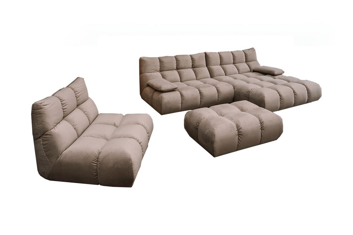 KAWOLA Sitzgruppe VIVIEN Ecksofa Drehsessel Hockerbank Velvet sand