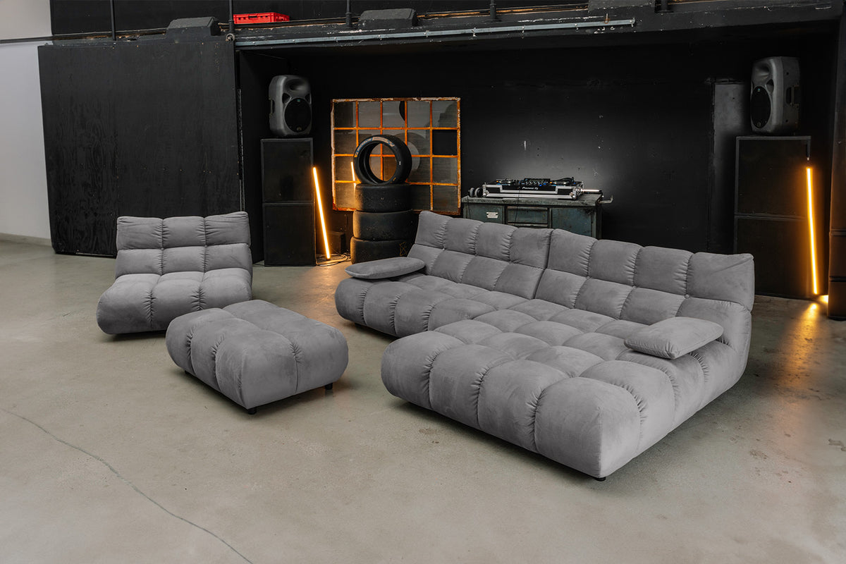 KAWOLA Sitzgruppe VIVIEN Ecksofa Drehsessel Hockerbank Velvet stone