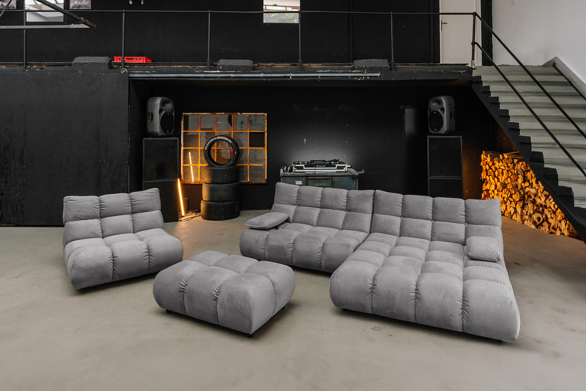 KAWOLA Sitzgruppe VIVIEN Ecksofa Drehsessel Hockerbank Velvet stone