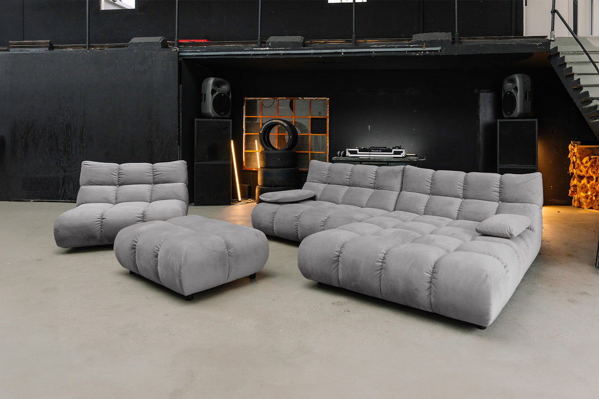 KAWOLA Sitzgruppe VIVIEN Ecksofa Drehsessel Hockerbank Velvet stone