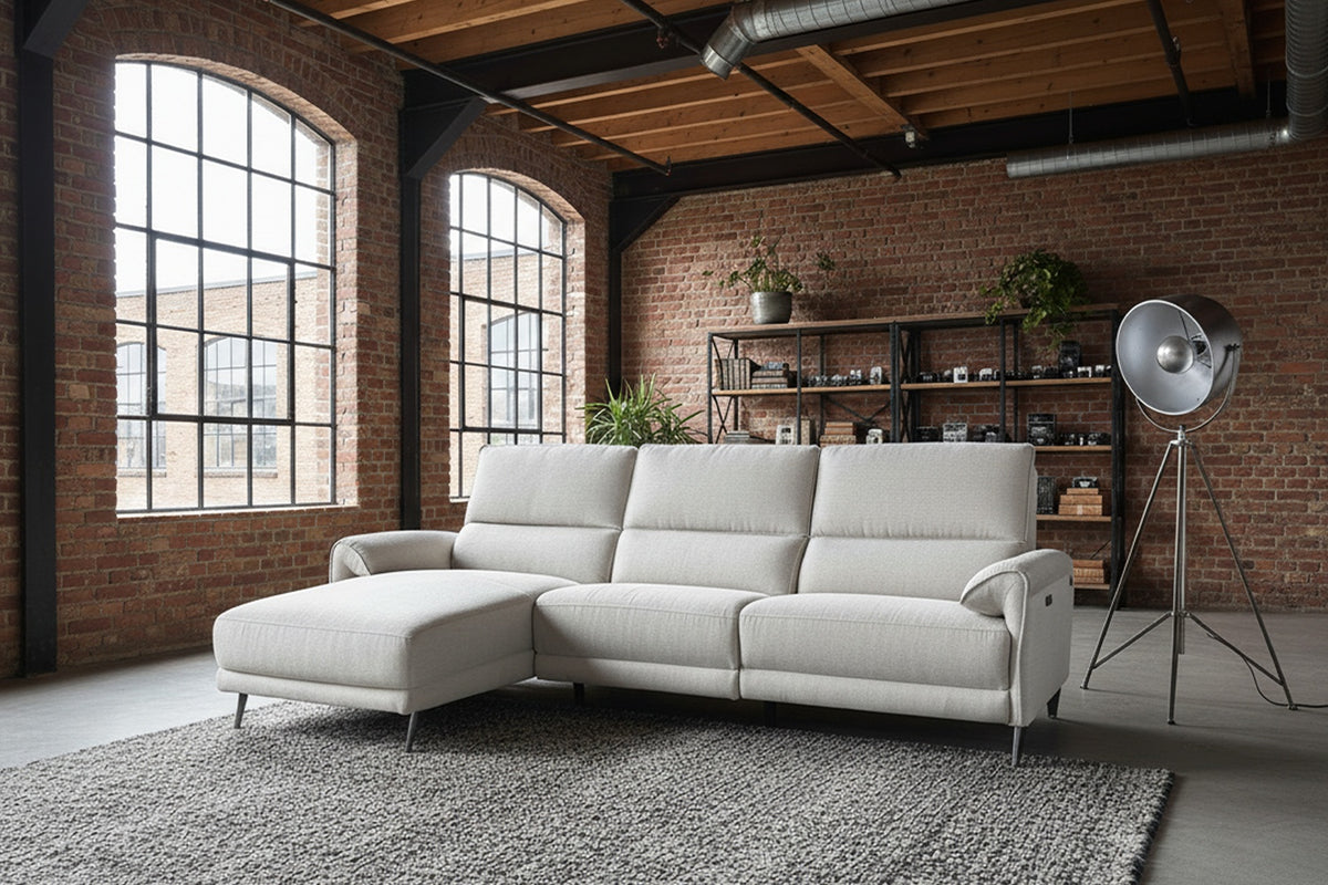 KAWOLA Sofa ADRIANA Ecksofa mit Relaxfunktion Stoff hellgrau, Links