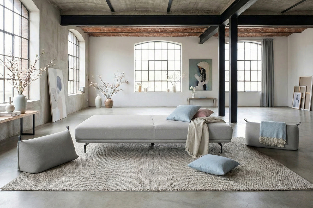 KAWOLA Sofa CANE Schlafsofa Daybed Stoff grau