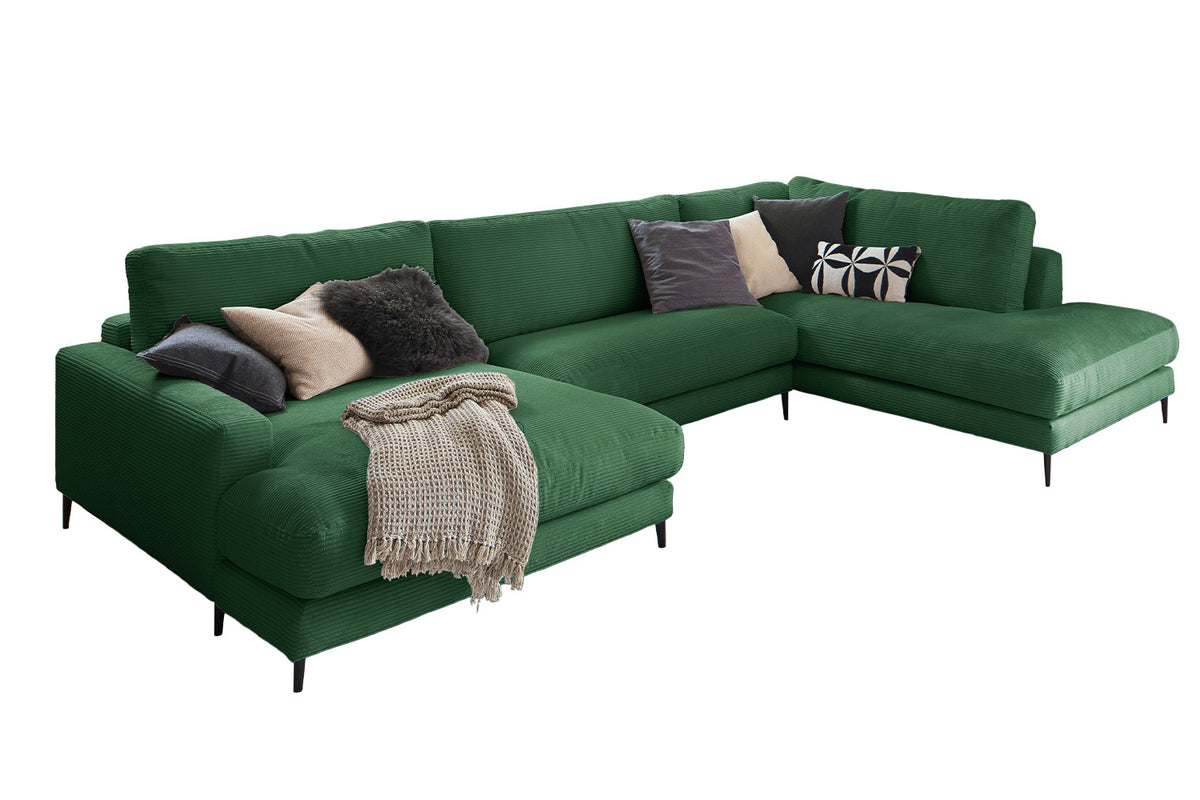 KAWOLA Sofa CARA Wohnlandschaft U-Form Cord smaragd