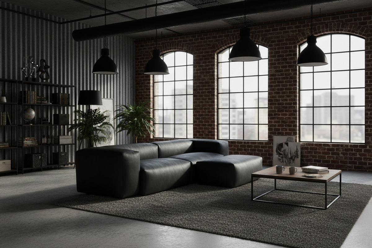 KAWOLA Sofa CELESTE 4-Sitzer mit Hocker Lederfaserstoff schwarz