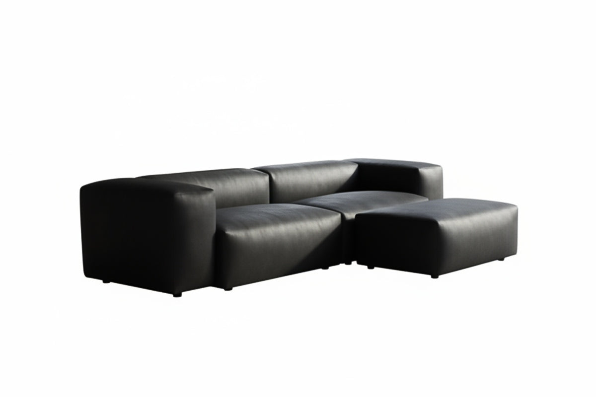 KAWOLA Sofa CELESTE 4-Sitzer mit Hocker Lederfaserstoff schwarz