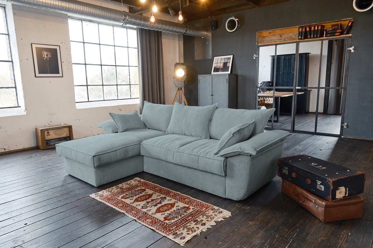 KAWOLA Sofa DAMETO Ecksofa Bettsofa Schlafsofa mit Stauraum Cord hellblau
