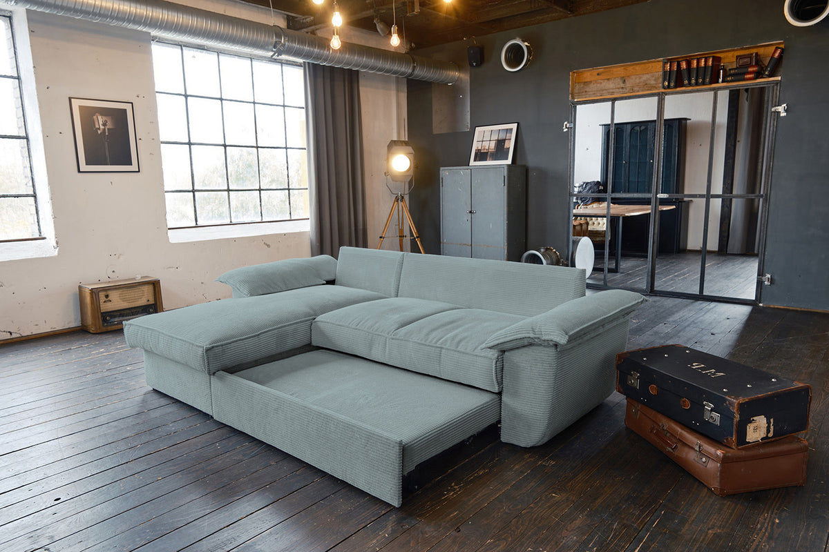 KAWOLA Sofa DAMETO Ecksofa Bettsofa Schlafsofa mit Stauraum Cord hellblau