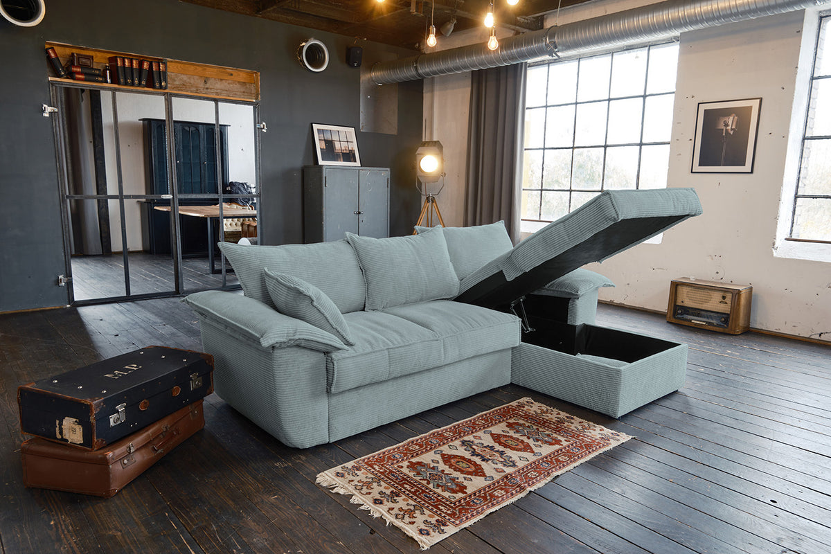 KAWOLA Sofa DAMETO Ecksofa Bettsofa Schlafsofa mit Stauraum Cord hellblau