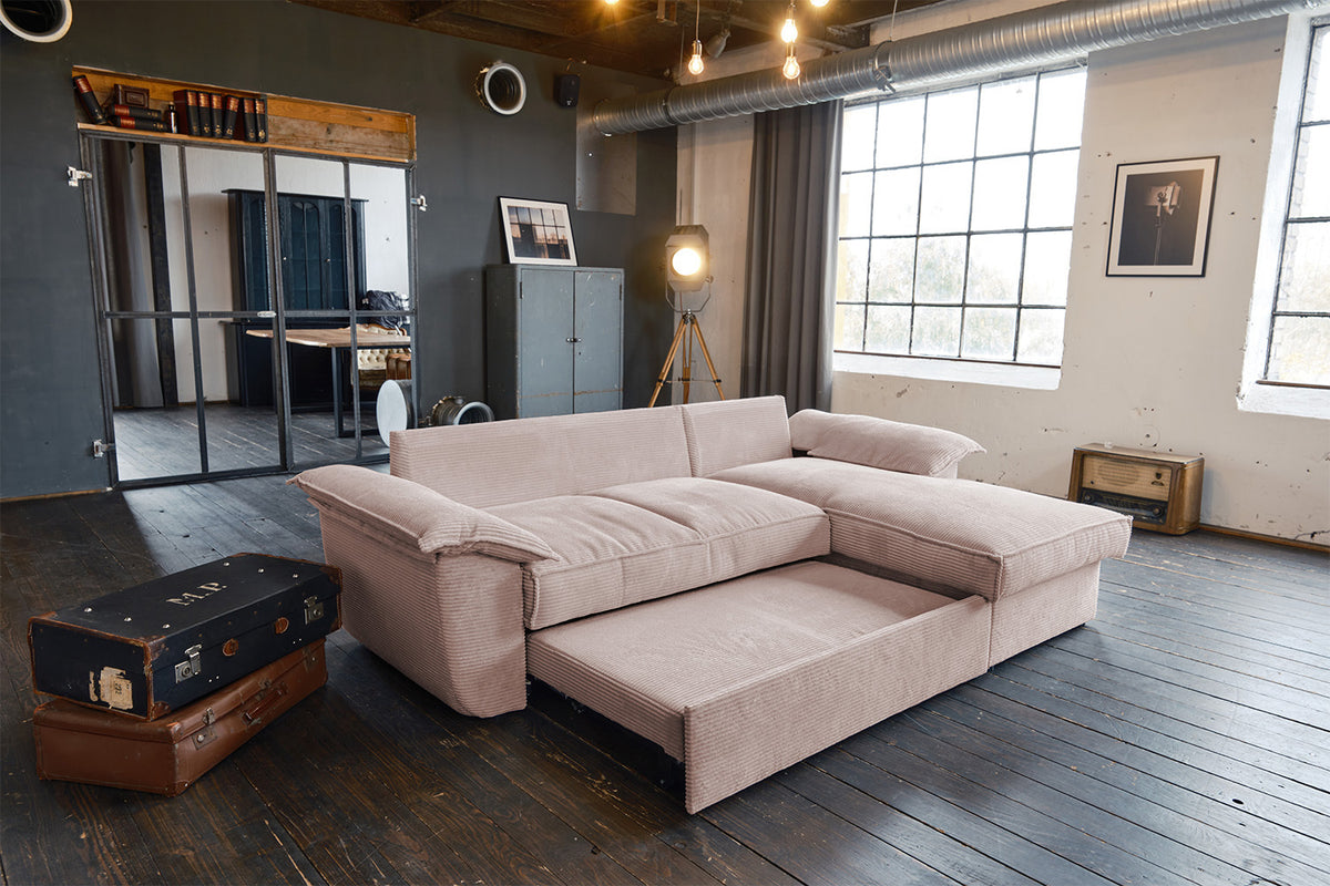 KAWOLA Sofa DAMETO Ecksofa Bettsofa Schlafsofa mit Stauraum Cord rosa