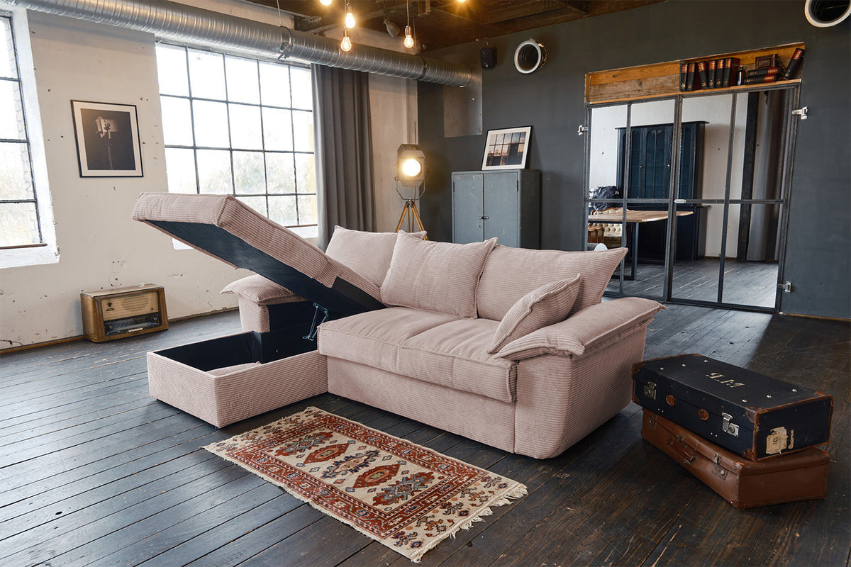 KAWOLA Sofa DAMETO Ecksofa Bettsofa Schlafsofa mit Stauraum Cord rosa