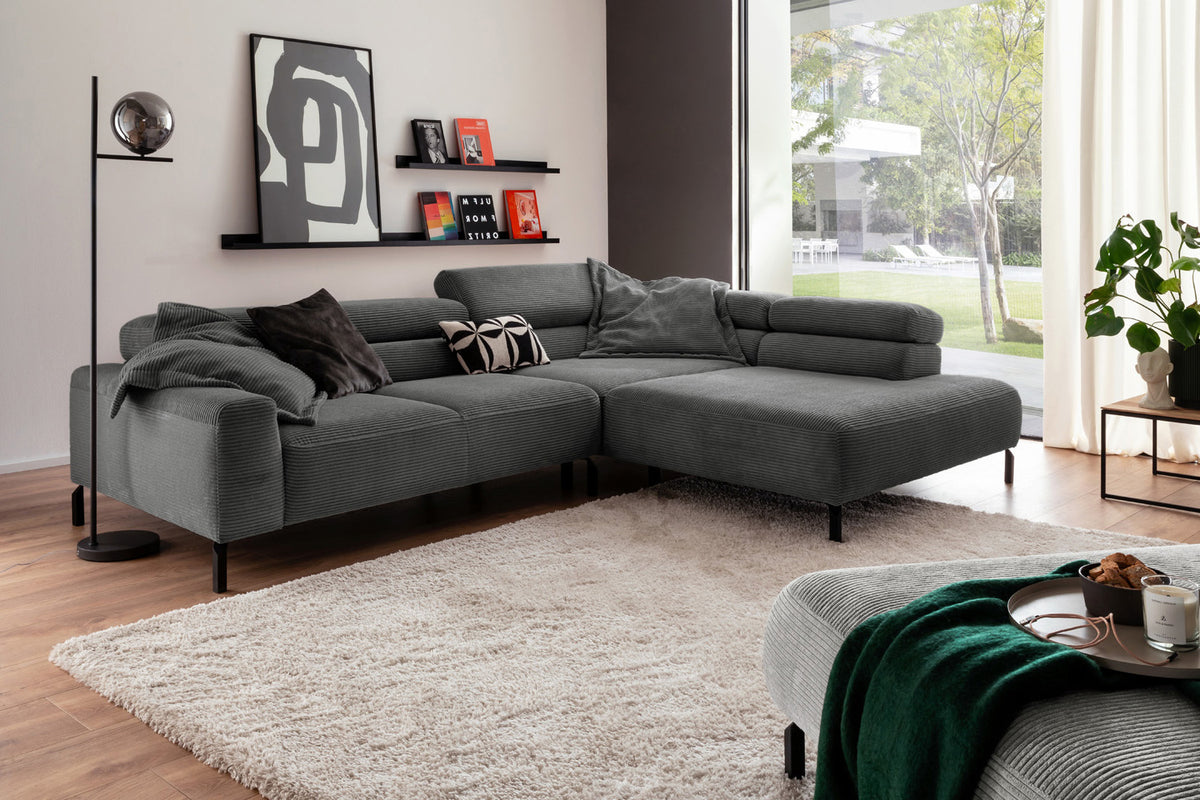 KAWOLA Sofa DELIA Ecksofa Cord grau, 312 x 219, Rechts, Relaxfunktion