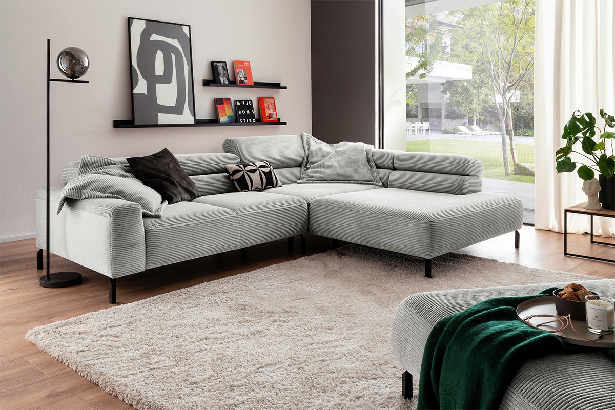 KAWOLA Sofa DELIA Ecksofa Cord hellgrau, 312 x 219, Rechts, Ohne Komfortfunktion