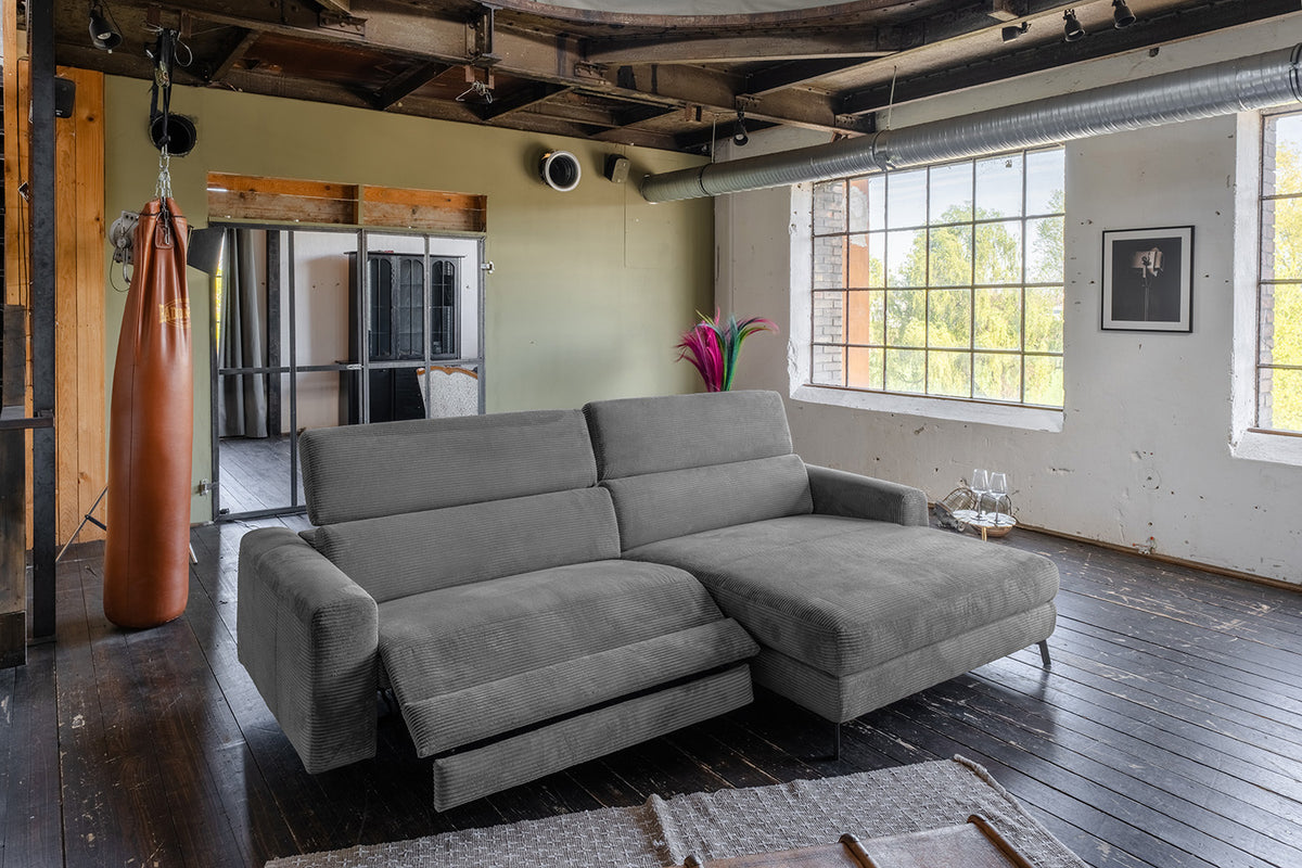 KAWOLA Sofa LAISKA Ecksofa Relaxfunktion teilmotorisch Cord grau, Rechts