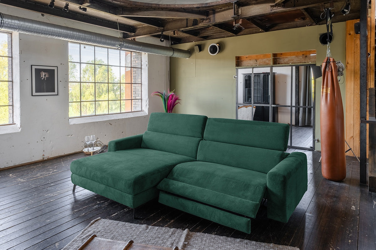 KAWOLA Sofa LAISKA Ecksofa Relaxfunktion teilmotorisch Cord smaragd, Links