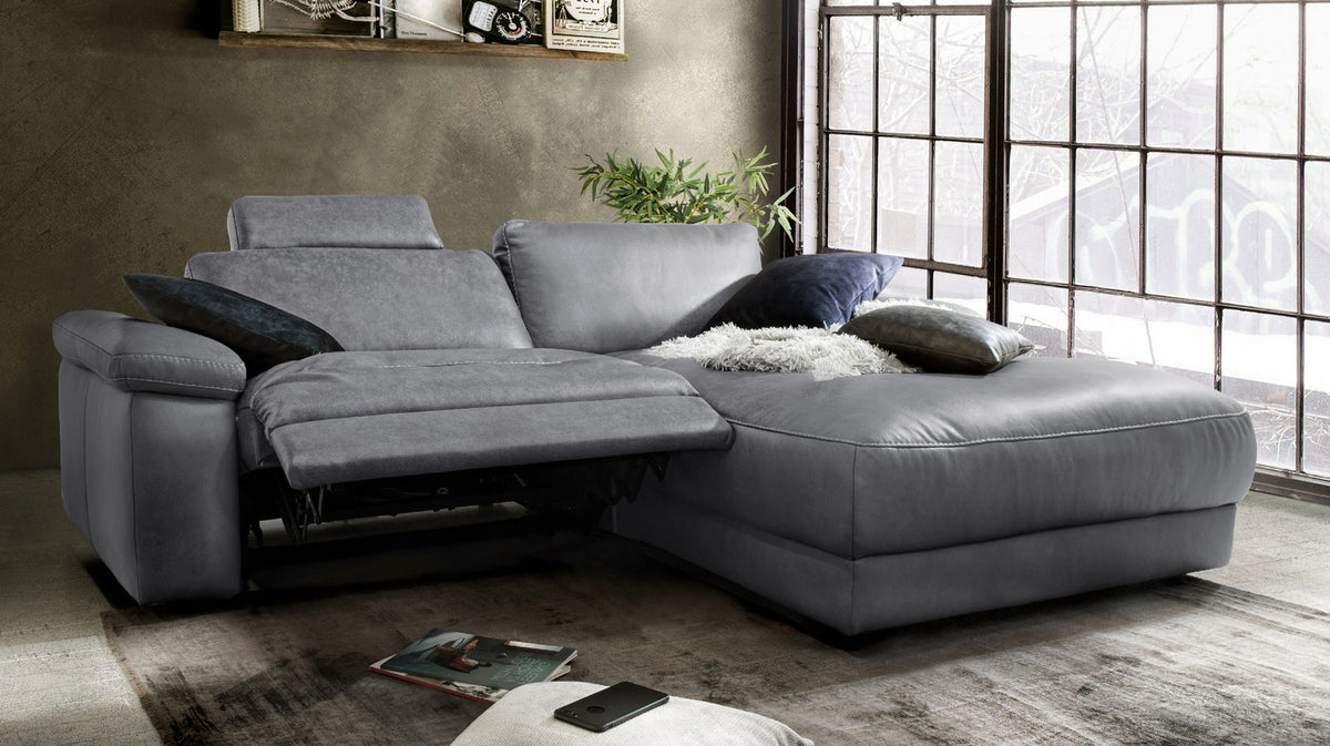 KAWOLA Sofa LOLA Ecksofa Leder grau mit motorischer Relaxfunktion