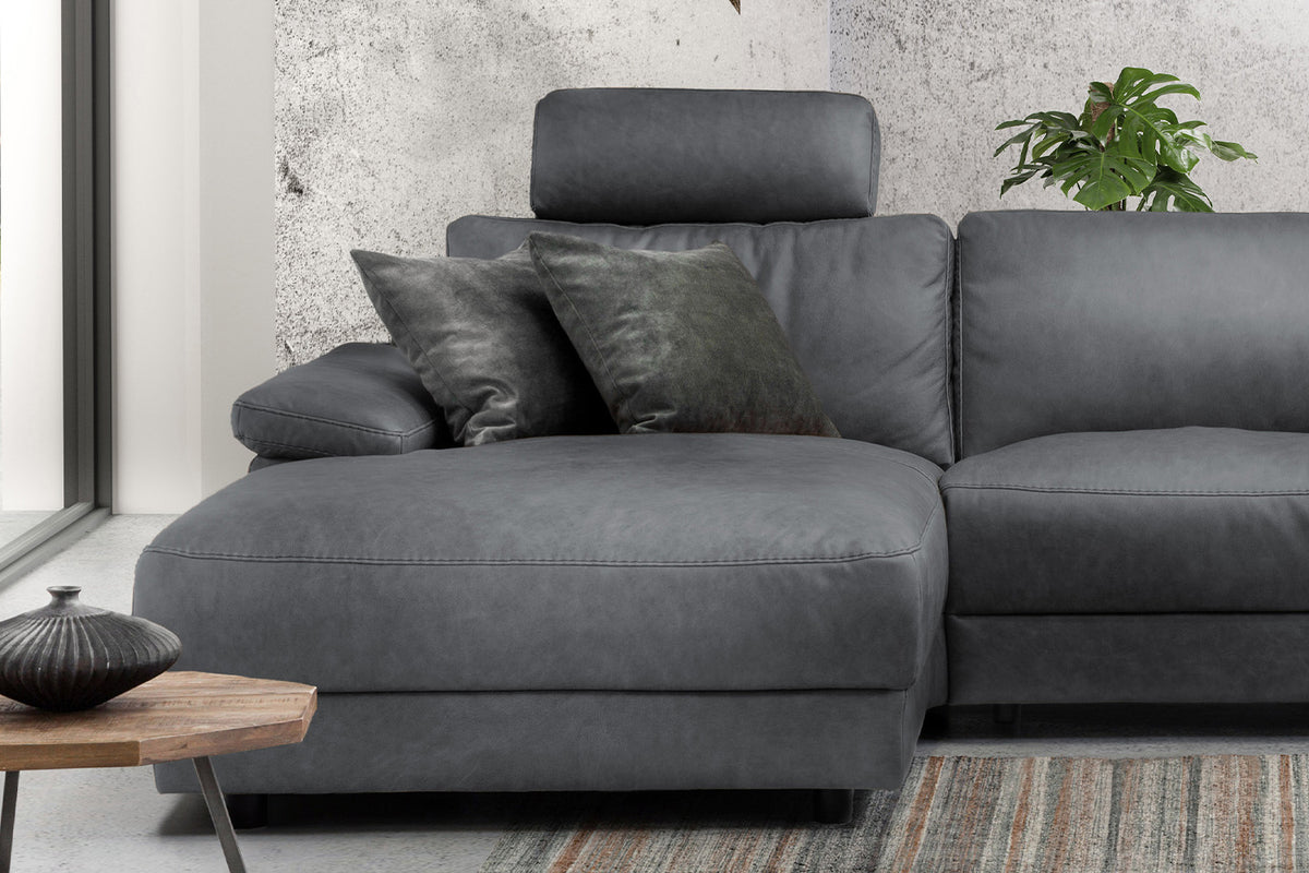 KAWOLA Sofa LOLA Ecksofa Leder grau mit motorischer Relaxfunktion