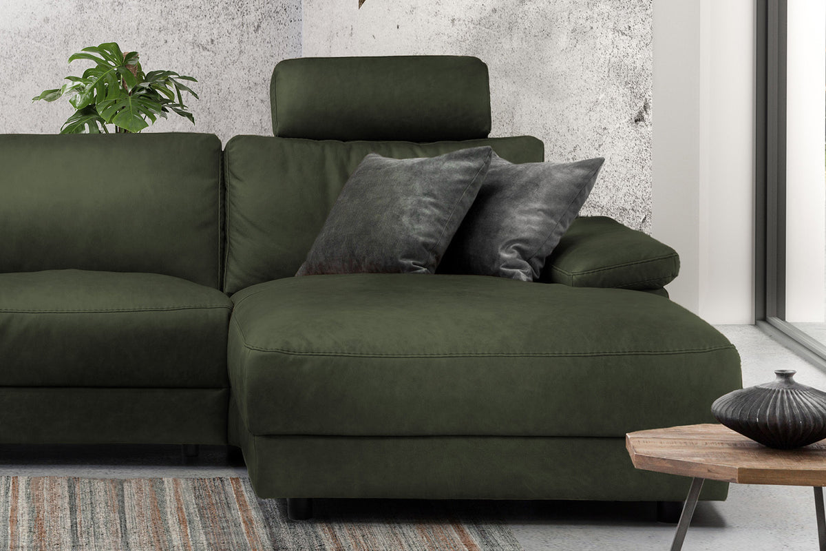 KAWOLA Sofa LOLA Ecksofa Leder moosgrün mit motorischer Relaxfunktion