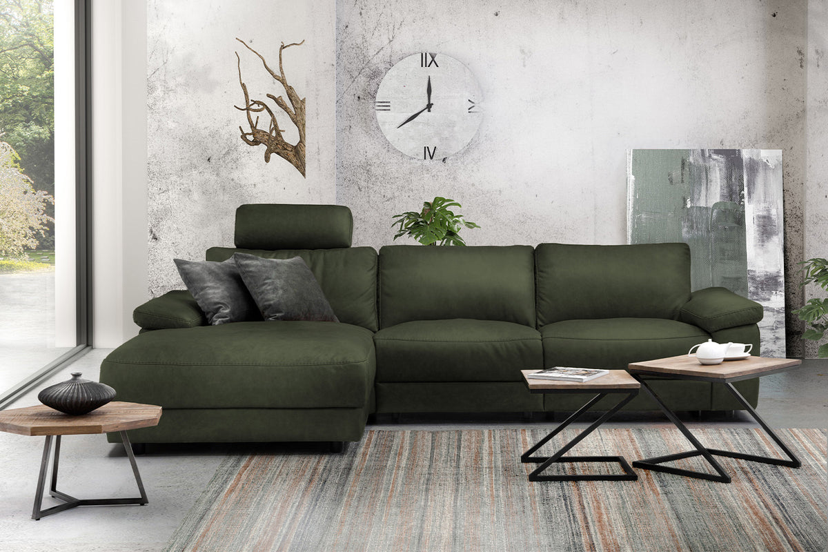 KAWOLA Sofa LOLA Ecksofa Leder moosgrün mit motorischer Relaxfunktion, 304 x 178, Links