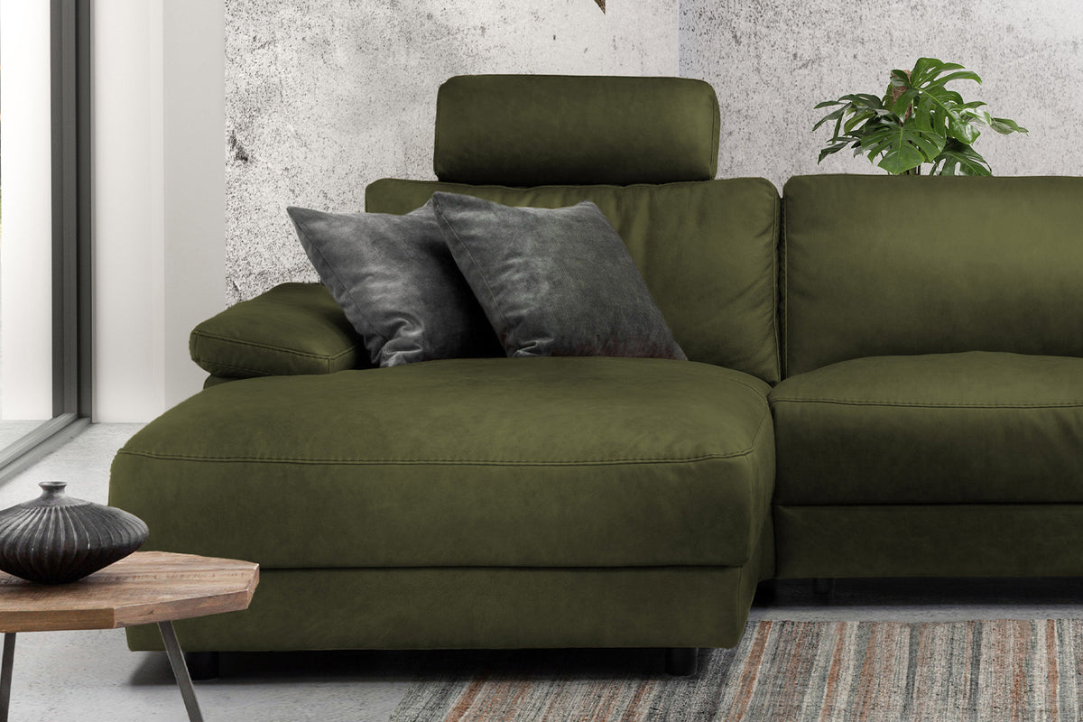 KAWOLA Sofa LOLA Ecksofa Stoff moosgrün mit motorischer Relaxfunktion
