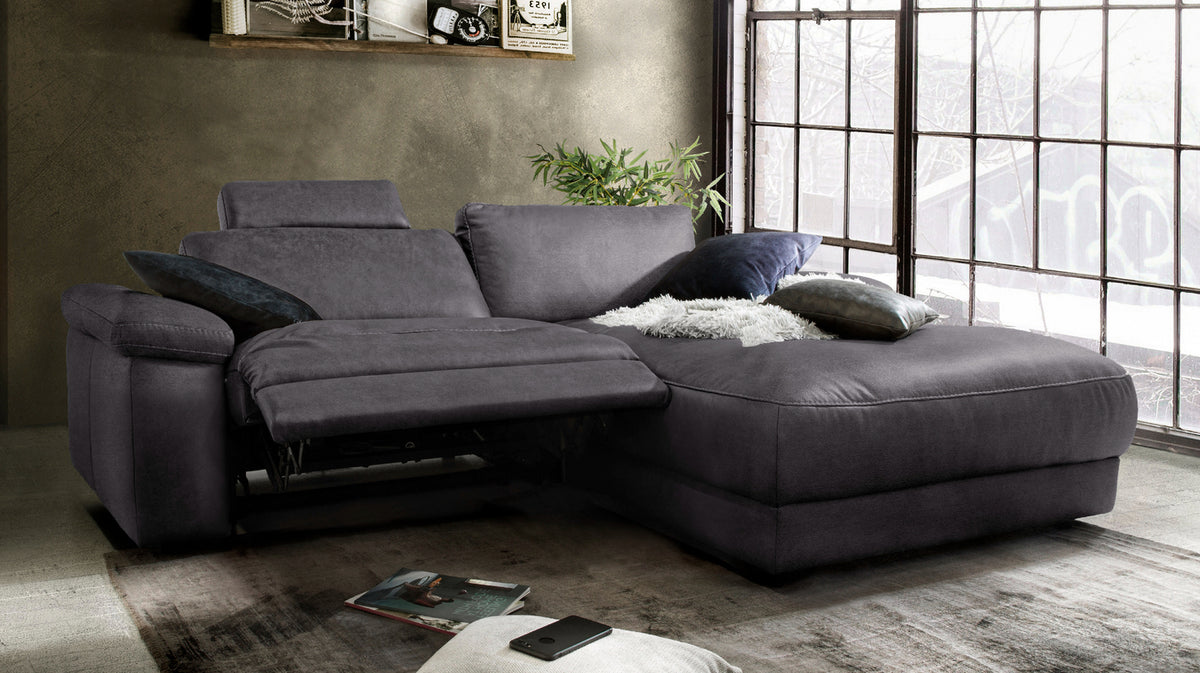 KAWOLA Sofa LOLA Ecksofa Stoff schwarz mit motorischer Relaxfunktion