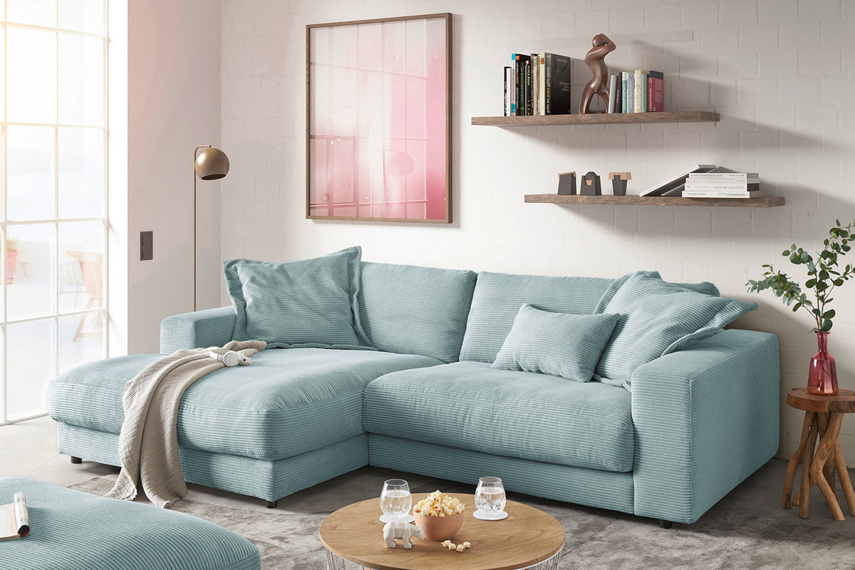 KAWOLA Sofa MADELINE Ecksofa Cord mit Longchair hellblau, Links