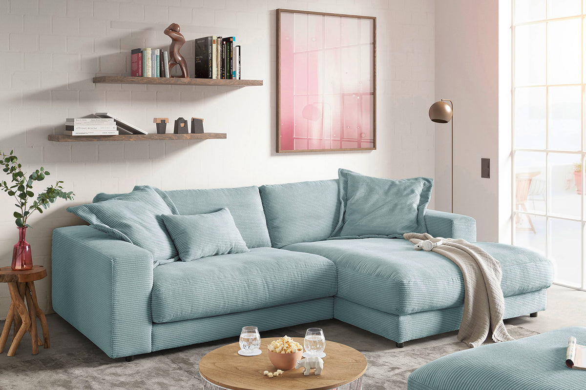 KAWOLA Sofa MADELINE Ecksofa Cord mit Longchair hellblau, Rechts