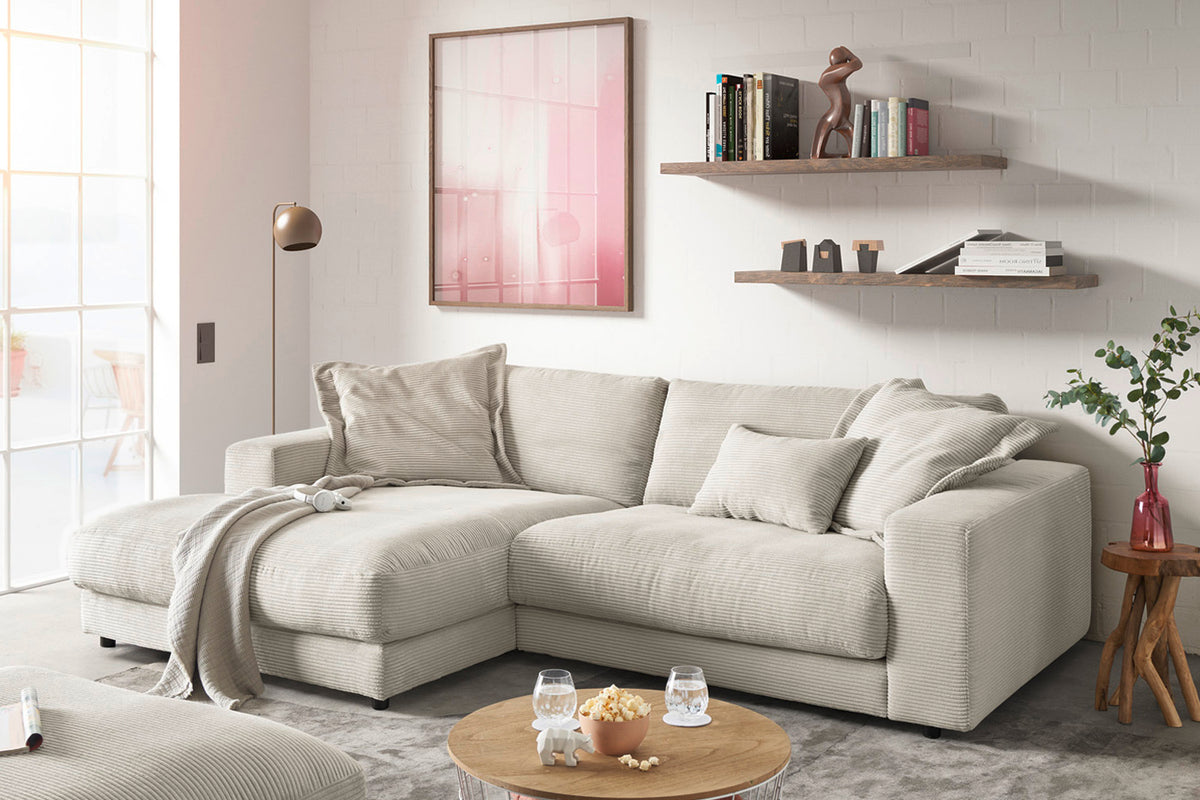 KAWOLA Sofa MADELINE Ecksofa mit Longchair Cord hellgrau, Links