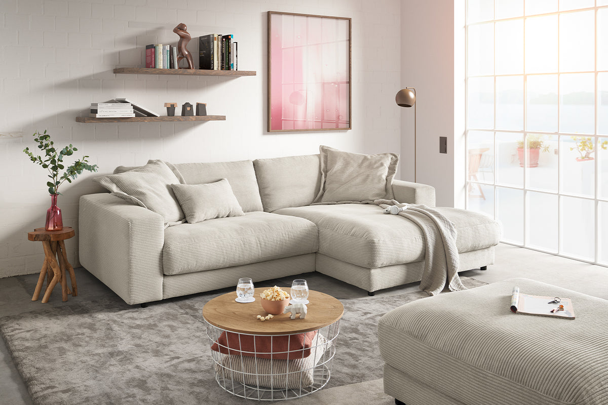 KAWOLA Sofa MADELINE Ecksofa mit Longchair Cord hellgrau, Rechts