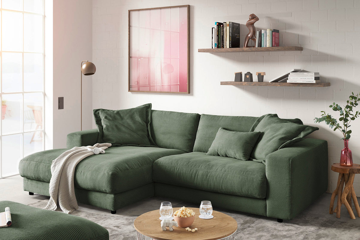 KAWOLA Sofa MADELINE Ecksofa mit Longchair Cord olivgrün, Links