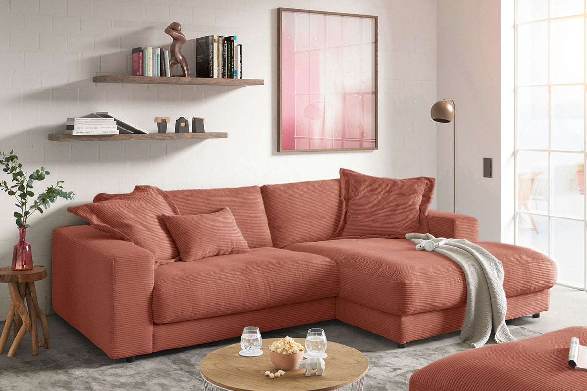 KAWOLA Sofa MADELINE Ecksofa mit Longchair Cord rost, Rechts