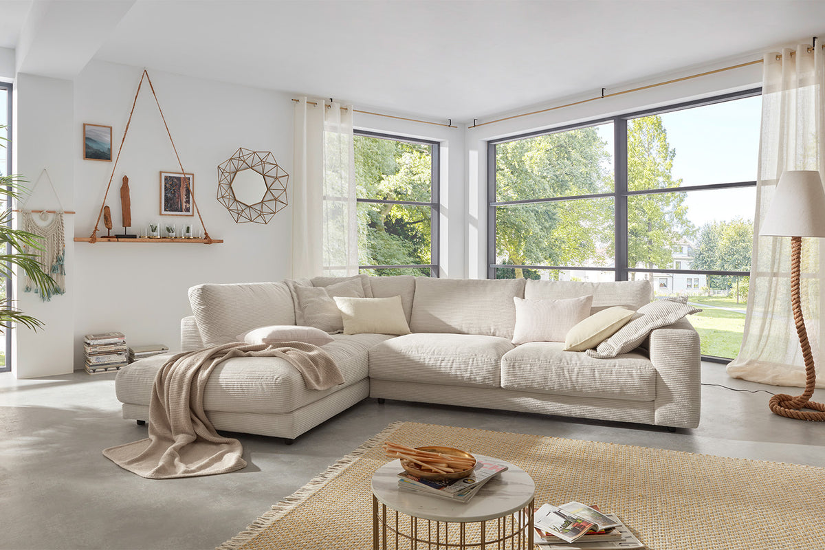 KAWOLA Sofa MADELINE Ecksofa mit Recamiere Cord cremeweiß, Links