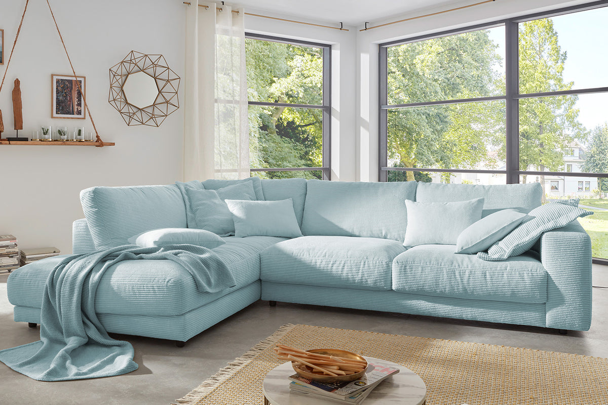 KAWOLA Sofa MADELINE Ecksofa mit Recamiere Cord hellblau