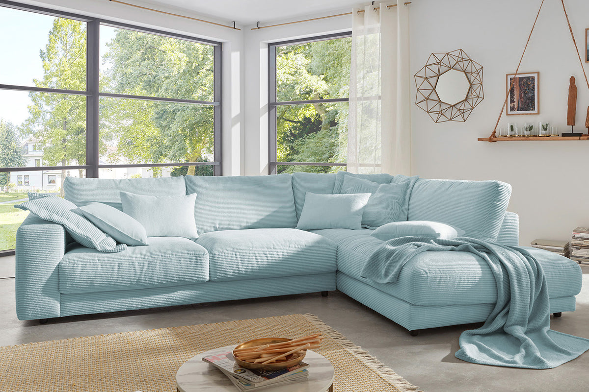 KAWOLA Sofa MADELINE Ecksofa mit Recamiere Cord hellblau