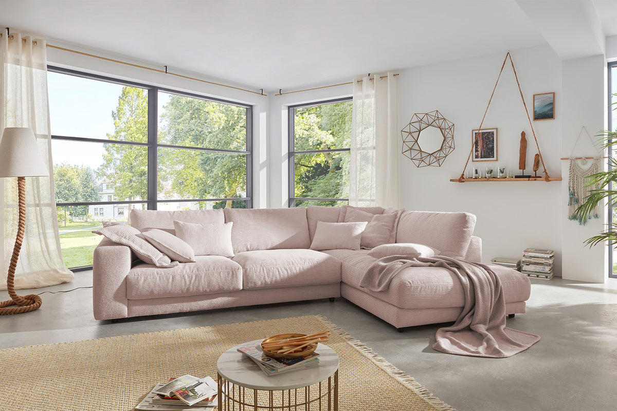 KAWOLA Sofa MADELINE Ecksofa mit Recamiere Cord rosa, Rechts