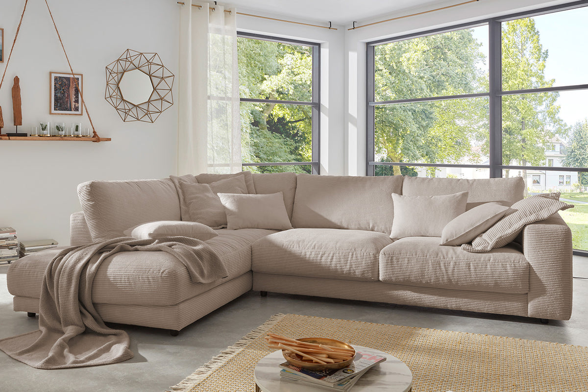 KAWOLA Sofa MADELINE Ecksofa mit Recamiere Cord taupe