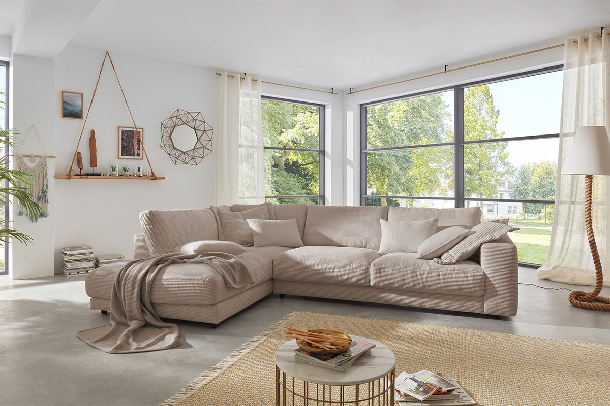 KAWOLA Sofa MADELINE Ecksofa mit Recamiere Cord taupe, Links