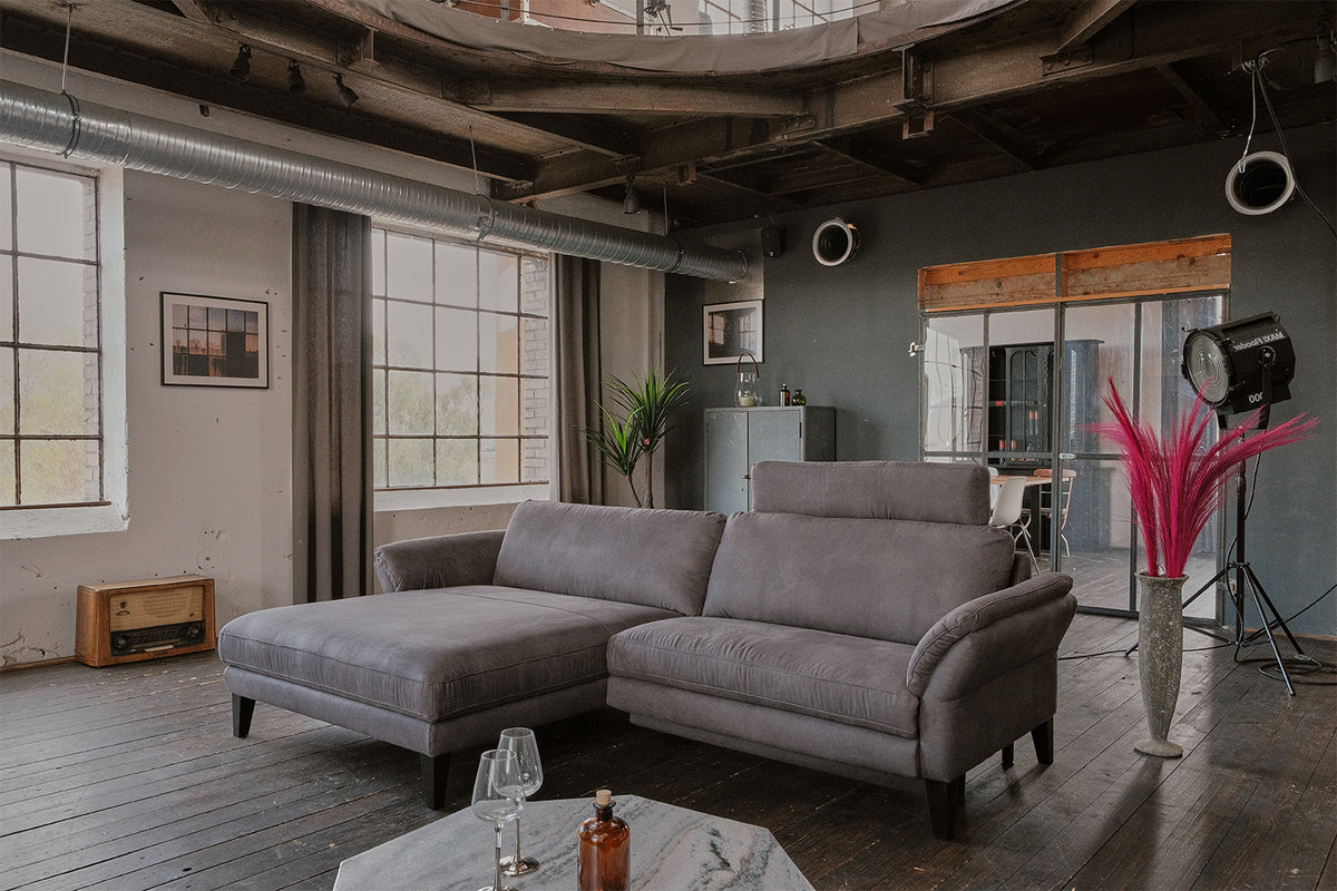 KAWOLA Sofa MALTA Ecksofa Stoff grau, Links, Mit Kopfstütze, Relaxfunktion