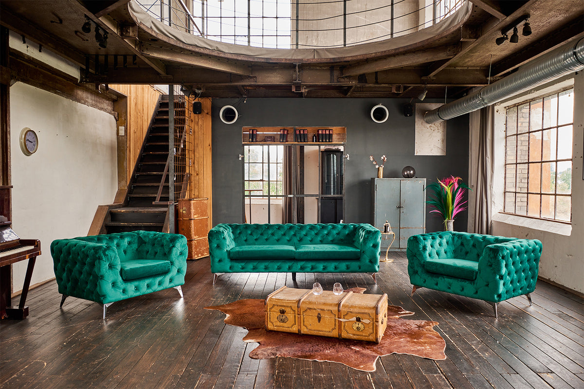 KAWOLA Sofa NARLA Chesterfield 3-Sitzer Velvet grün