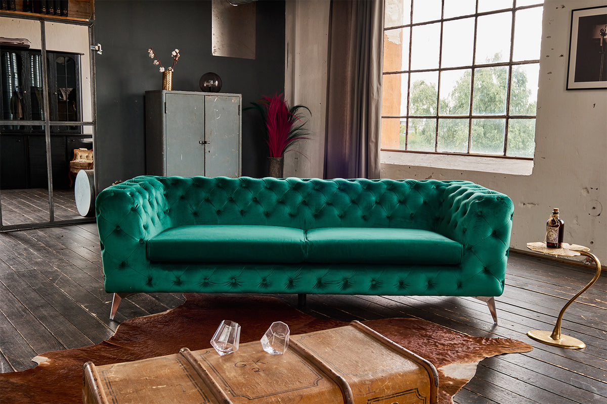 KAWOLA Sofa NARLA Chesterfield 3-Sitzer Velvet grün