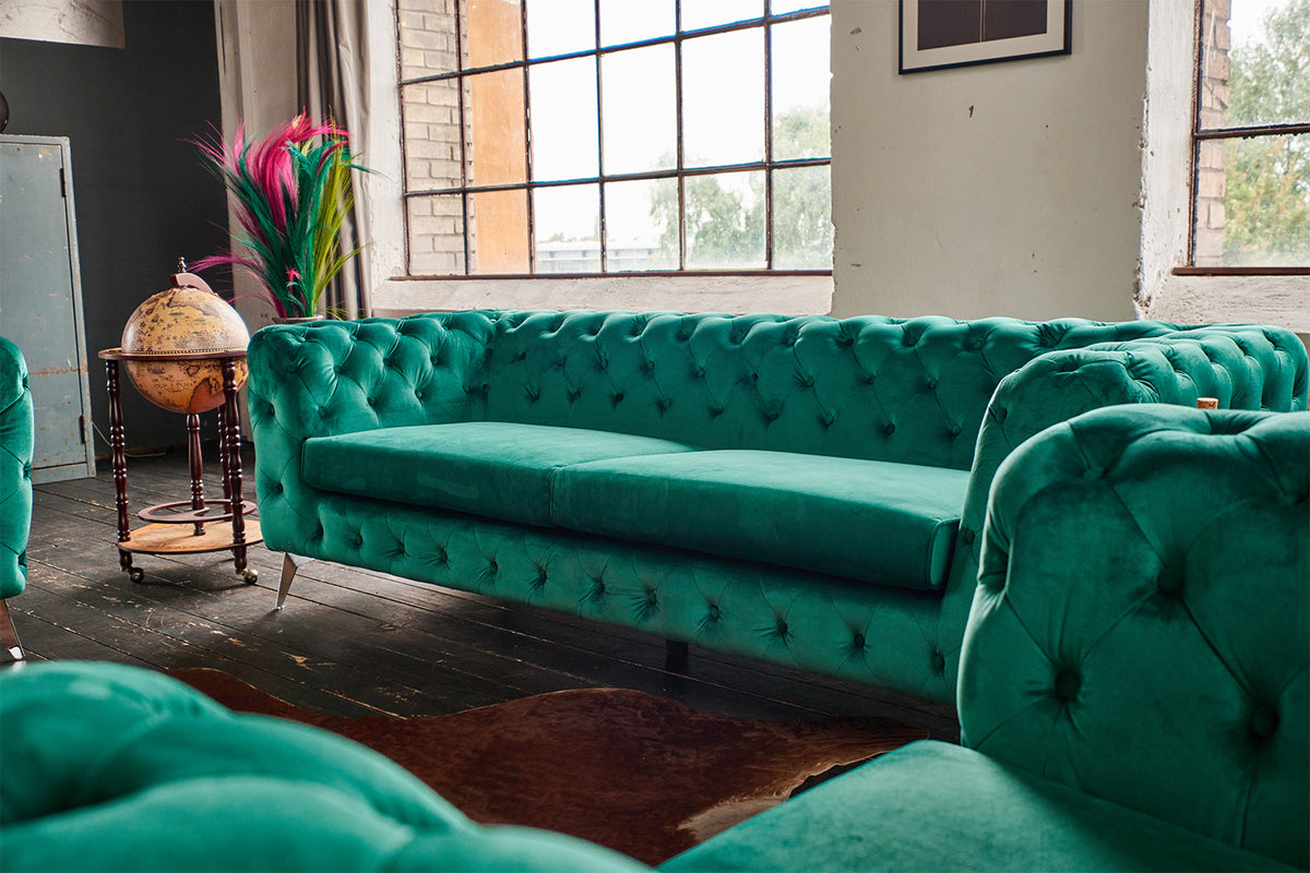 KAWOLA Sofa NARLA Chesterfield 3-Sitzer Velvet grün