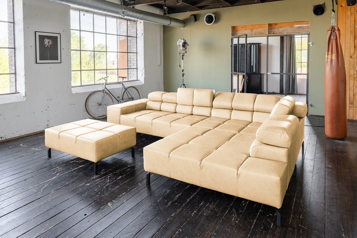 KAWOLA Sofa NELSON Ecksofa Leder beige, Rechts, Mit Fußhocker, Ohne Komfortfunktion
