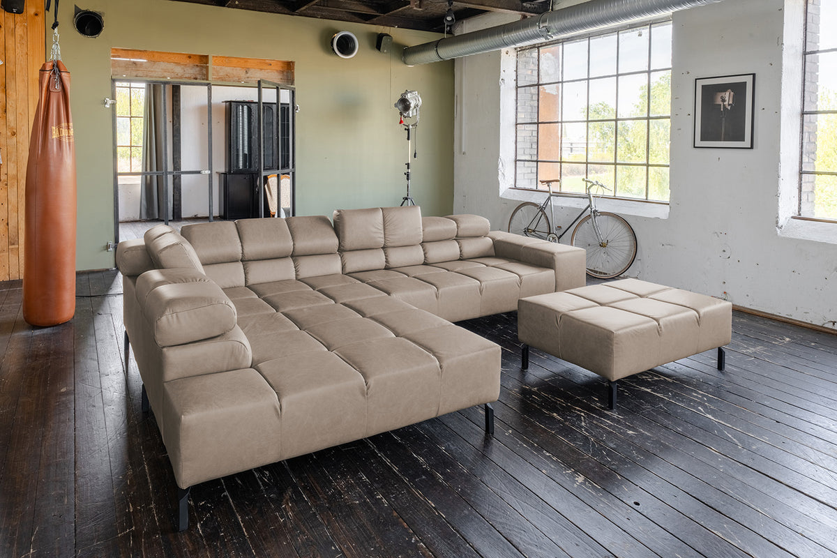 KAWOLA Sofa NELSON Ecksofa Leder grau, Links, Mit Fußhocker, Ohne Komfortfunktion