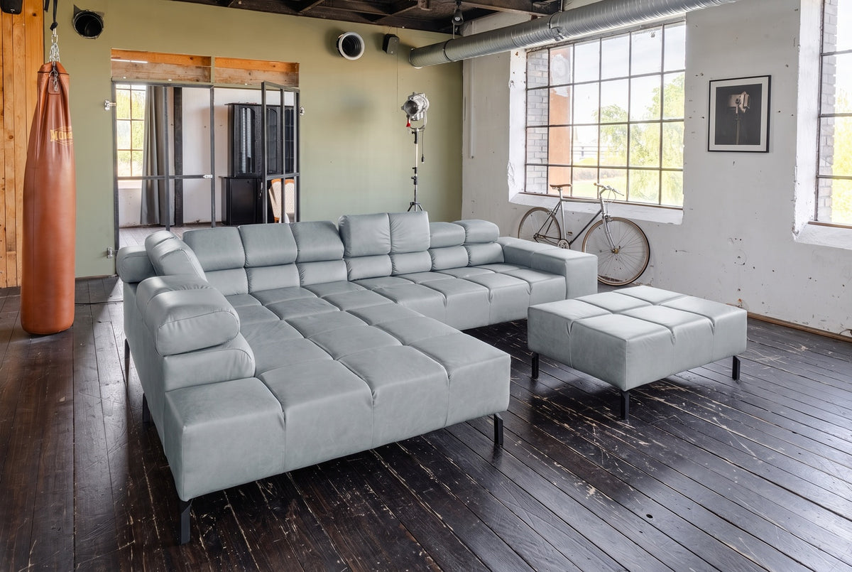 KAWOLA Sofa NELSON Ecksofa Leder hellgrau, Links, Mit Fußhocker, Ohne Komfortfunktion