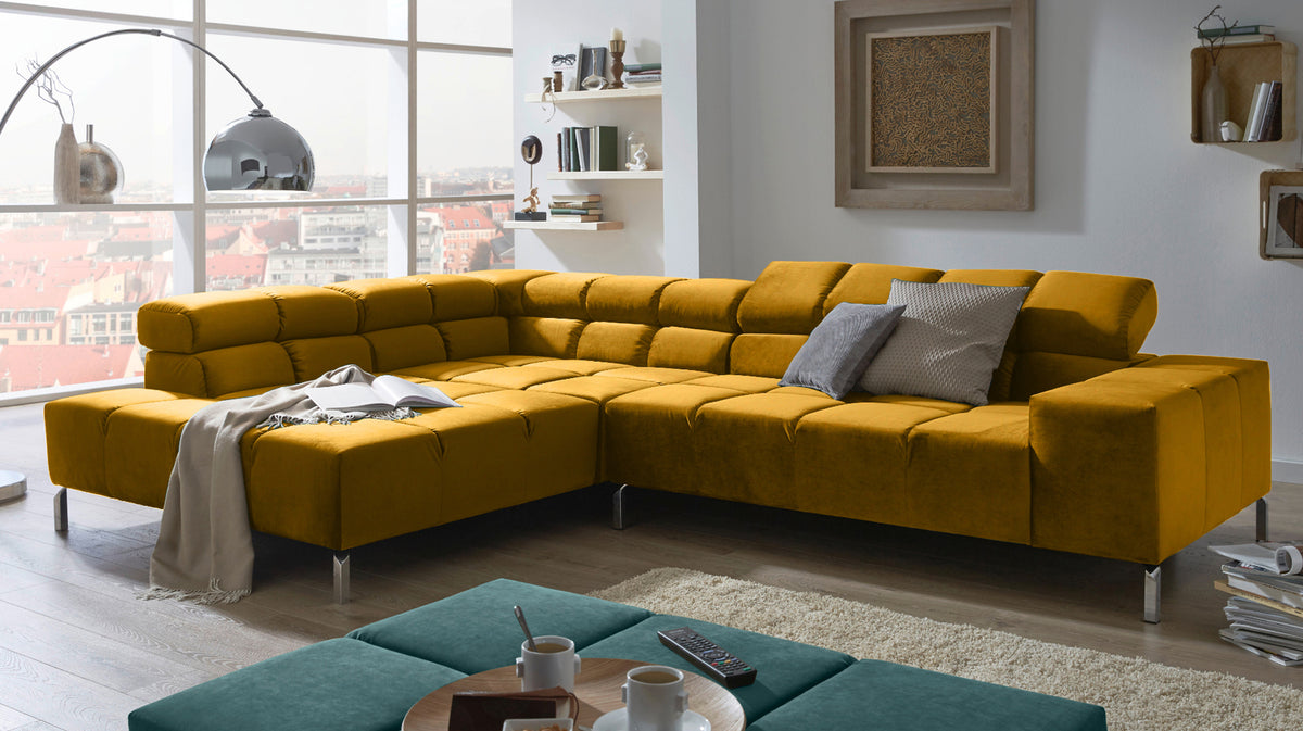KAWOLA Sofa NELSON Ecksofa Velvet curry, Rechts, Ohne Komfortfunktion
