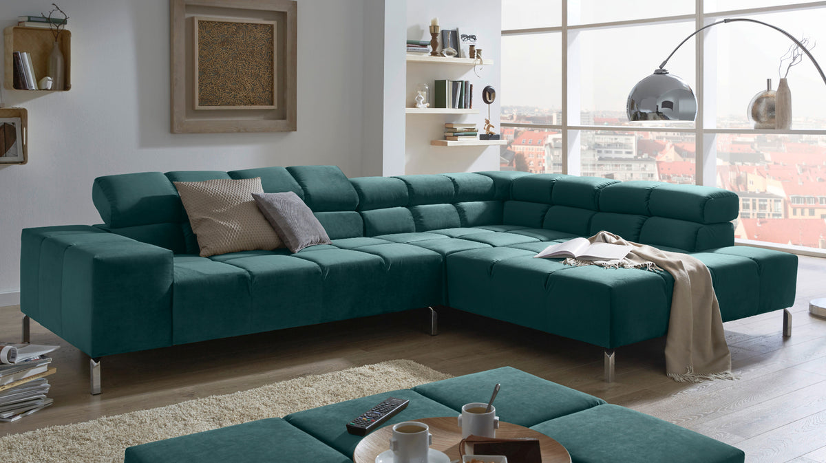 KAWOLA Sofa NELSON Ecksofa Velvet smaragd, Links, Relaxfunktion