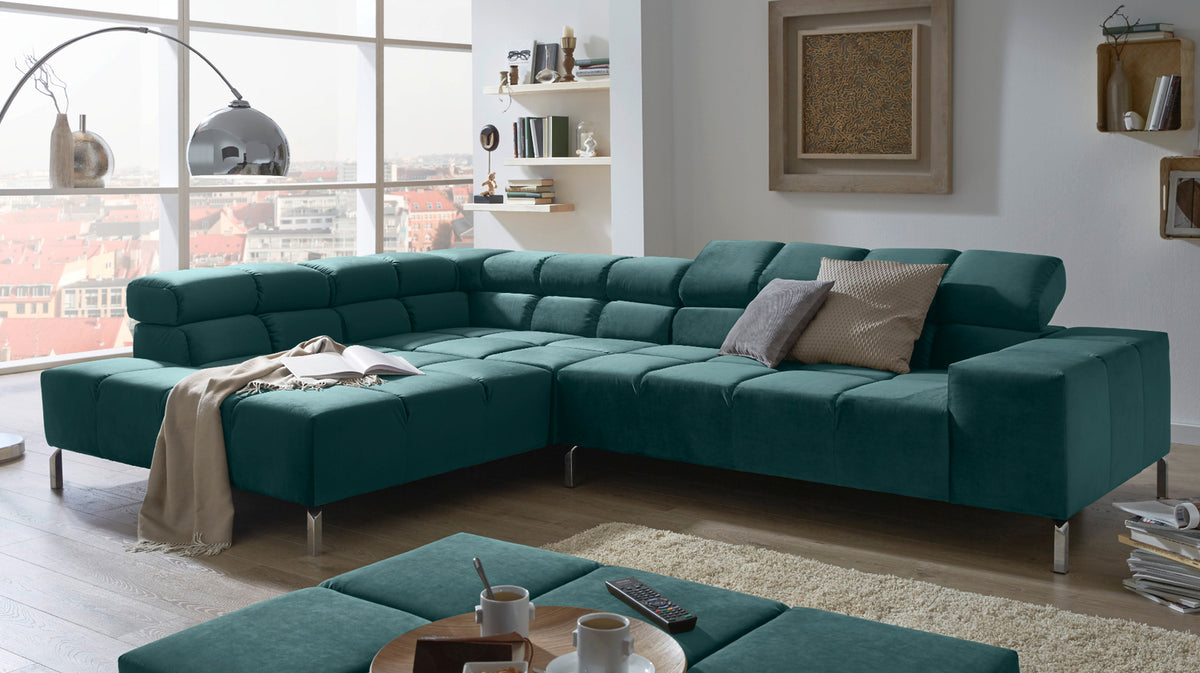 KAWOLA Sofa NELSON Ecksofa Velvet smaragd, Rechts, Relaxfunktion