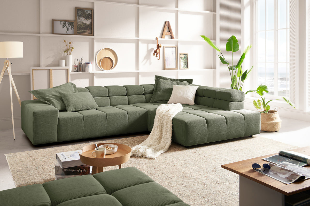 KAWOLA Sofa NEVADA Ecksofa Feincord olivgrün, Rechts, Relaxfunktion