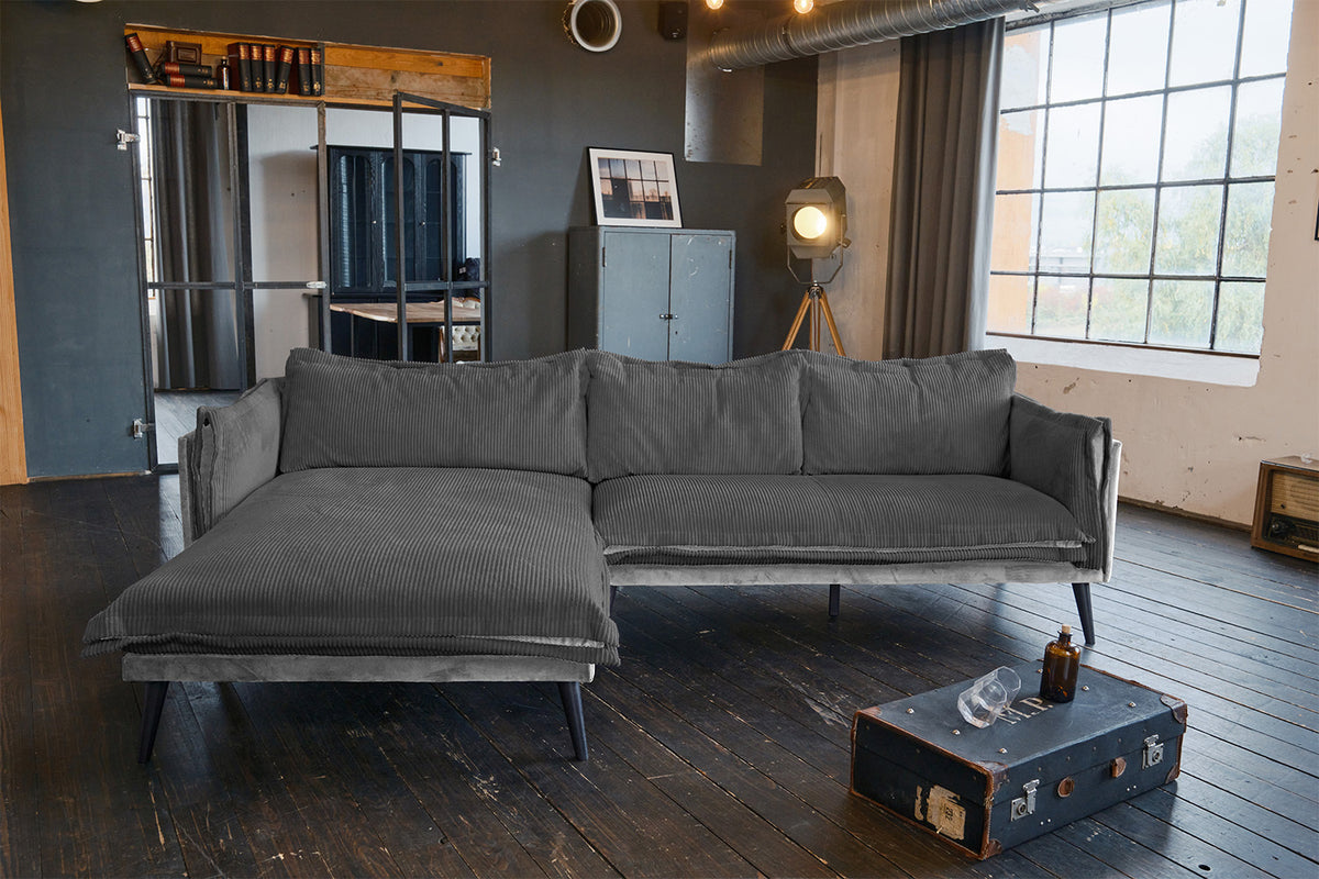 KAWOLA Sofa QUENYA Ecksofa Cord dunkelgrau / Velvet silber