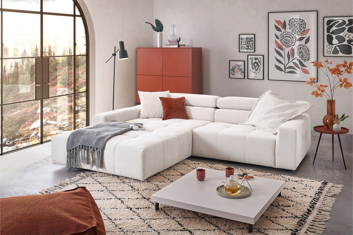 KAWOLA Sofa RENO Ecksofa Feincord weiß, Links, Relaxfunktion