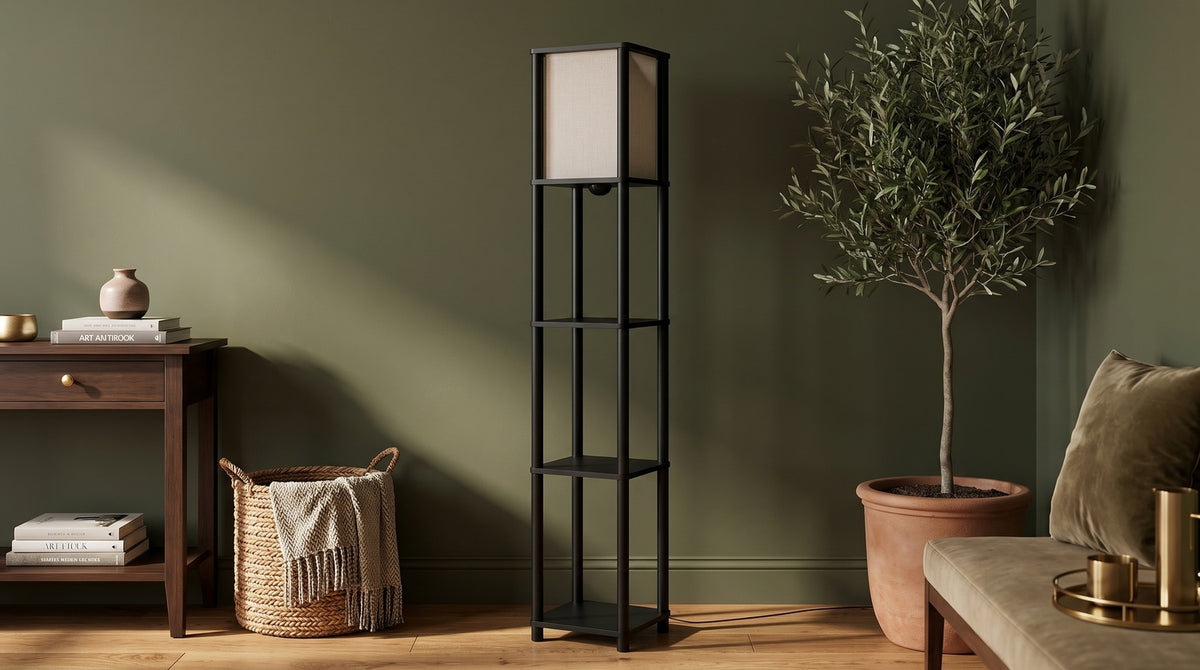 KAWOLA Stehlampe ELVARA Holz schwarz